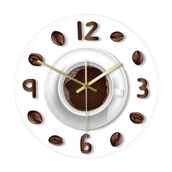 Кафе илюстрация на Кухненски Интериор Стенни Висящи Часовници Модерни Печатни Часовници Акрилни Кафе Магазин Стенни Часовници Подарък за Любителите на Кафе 0