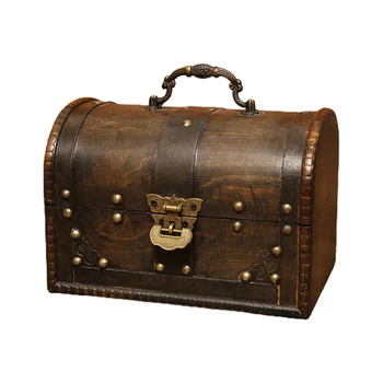  Ретро Елегантен Дървен Пиратски Кутия За Съхранение на Бижута С Ключ Ретро Съкровище Контейнер Кутия Ключодържател за Дървени Организатор