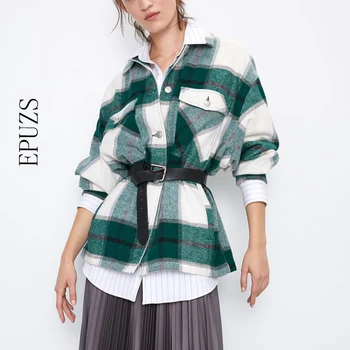 Есенна блуза, дамски блузи, реколта е дълга риза, елегантен гъсти зелени каре блузи, градинска дрехи, корейски оверсайз, жена топ 2022